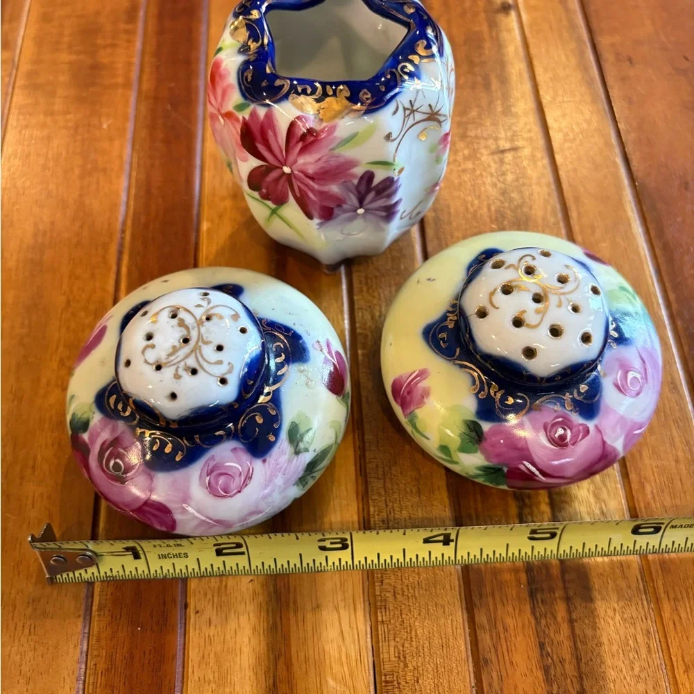 Vintage Japanese Floral Ceramic Vase Toothpick Holder and Shakers Set